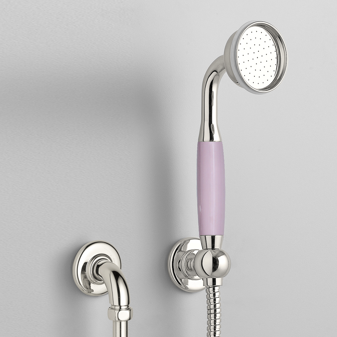 Rockwell straight handshower on hose with wall outlet, parking bracket & metal/coloured shower handle