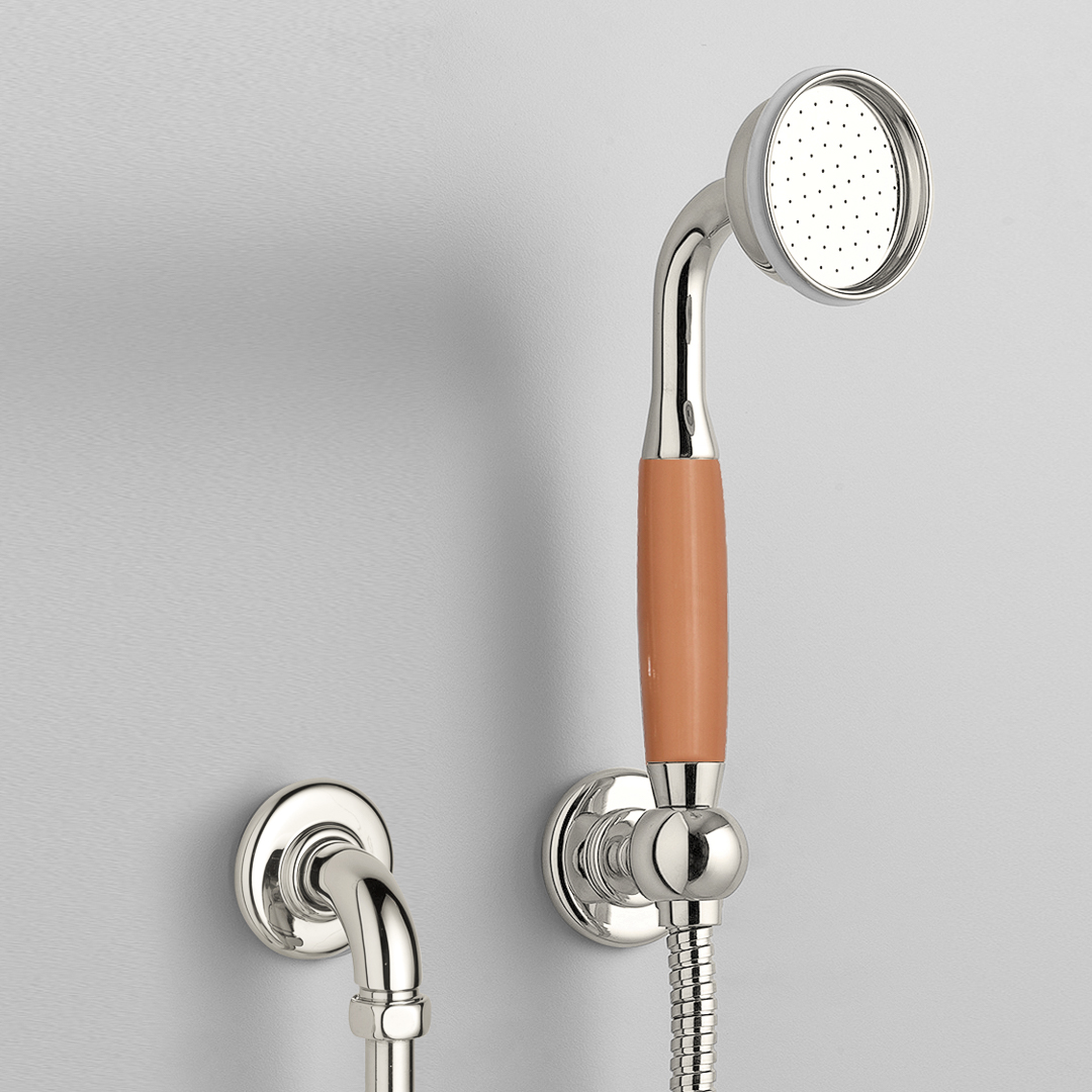 Rockwell straight handshower on hose with wall outlet, parking bracket & metal/coloured shower handle