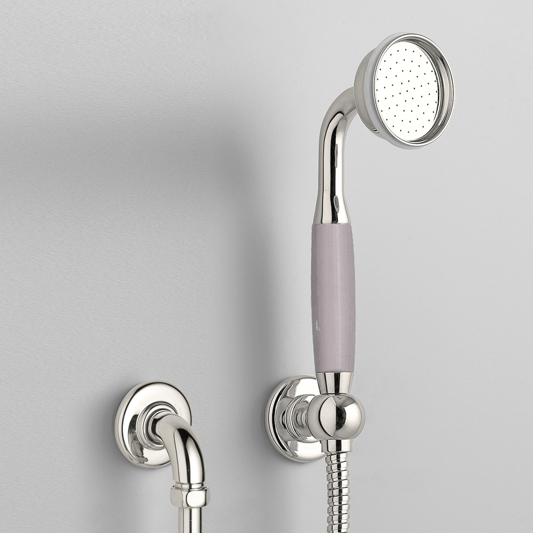 Rockwell straight handshower on hose with wall outlet, parking bracket & metal/coloured shower handle
