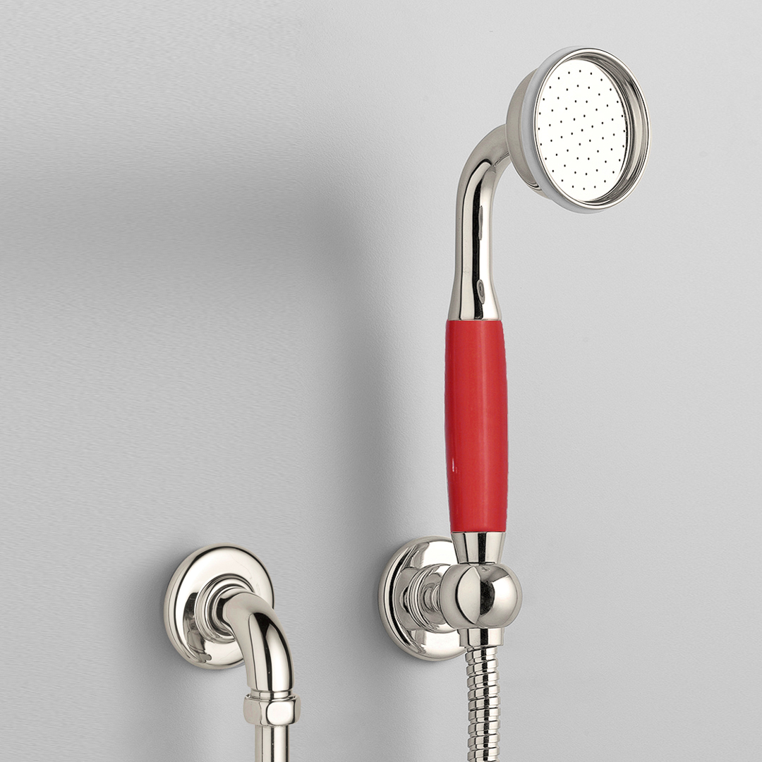 Rockwell straight handshower on hose with wall outlet, parking bracket & metal/coloured shower handle