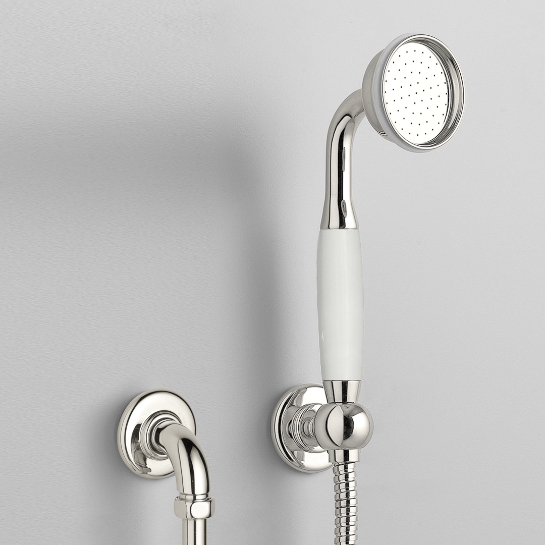 Rockwell straight handshower on hose with wall outlet, parking bracket & metal/coloured shower handle