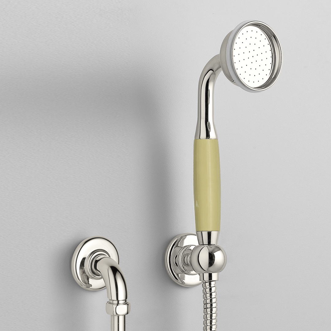 Rockwell straight handshower on hose with wall outlet, parking bracket & metal/coloured shower handle
