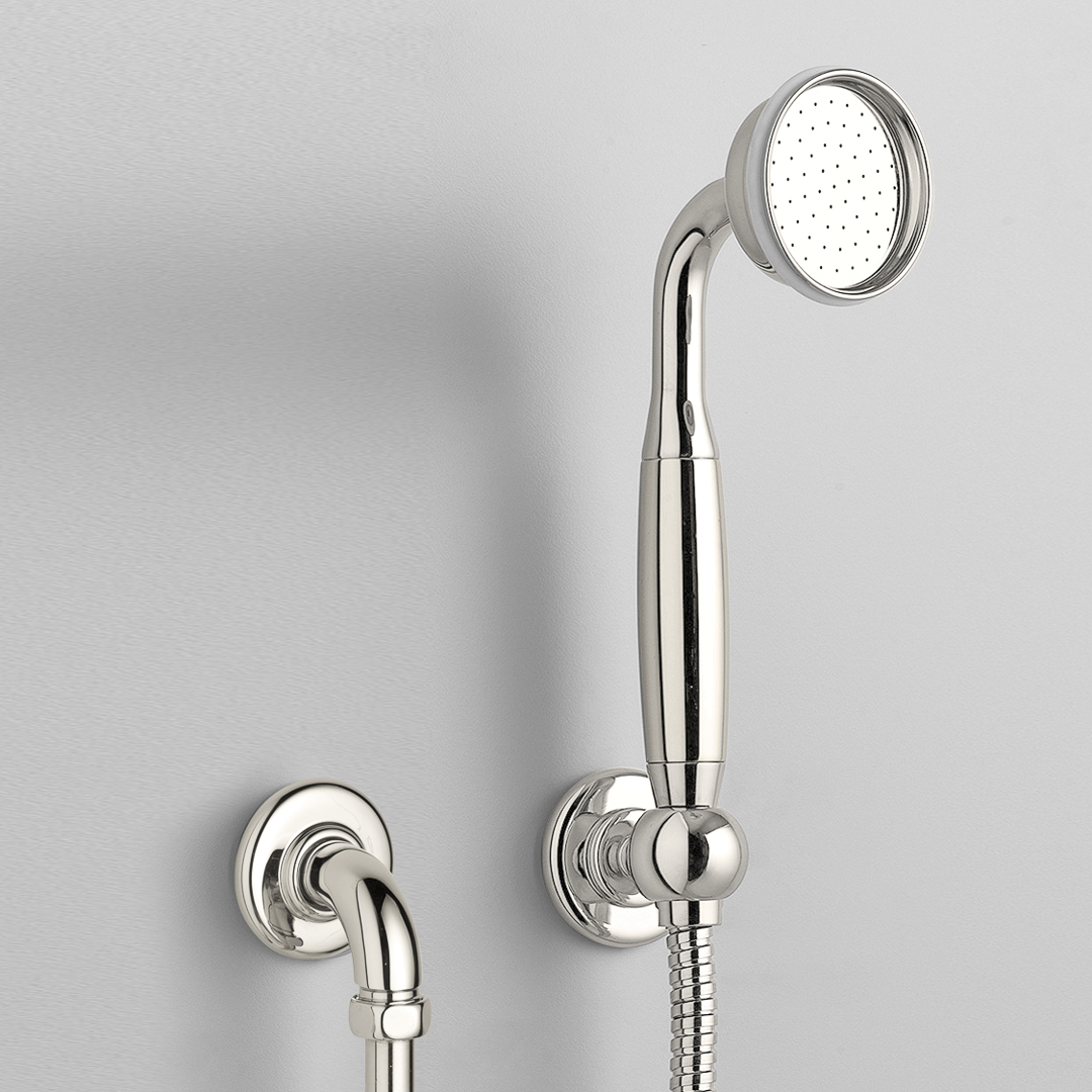 Rockwell straight handshower on hose with wall outlet, parking bracket & metal/coloured shower handle