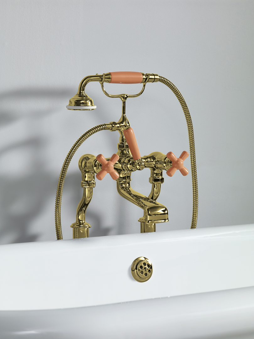Rockwell bath filler on floorlegs with metal/coloured crosshead taps for Rockwell bath without feet