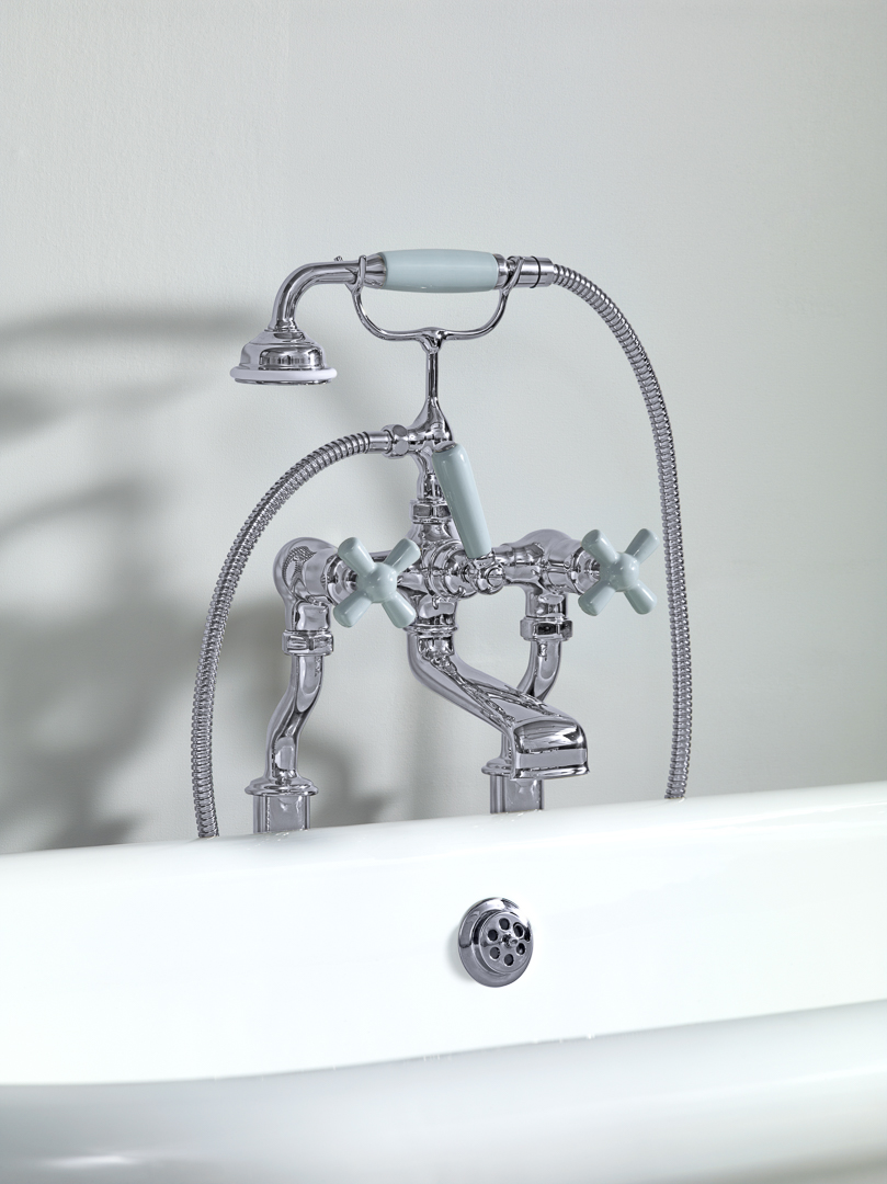 Rockwell bath filler on floorlegs with metal/coloured crosshead taps for Rockwell bath without feet