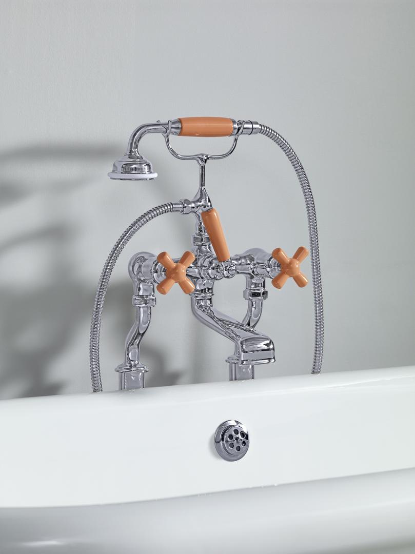 Rockwell bath filler on floorlegs with metal/coloured crosshead taps for Rockwell bath without feet