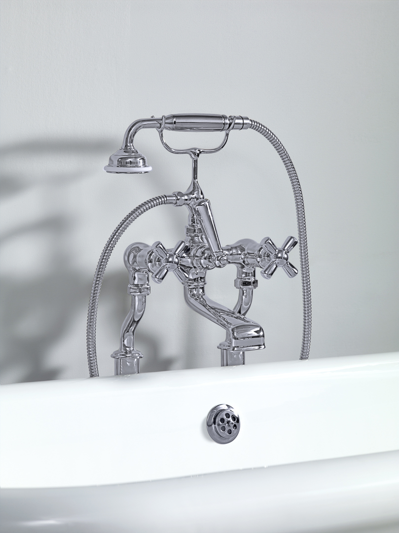 Rockwell bath filler on floorlegs with metal/coloured crosshead taps for Rockwell bath without feet
