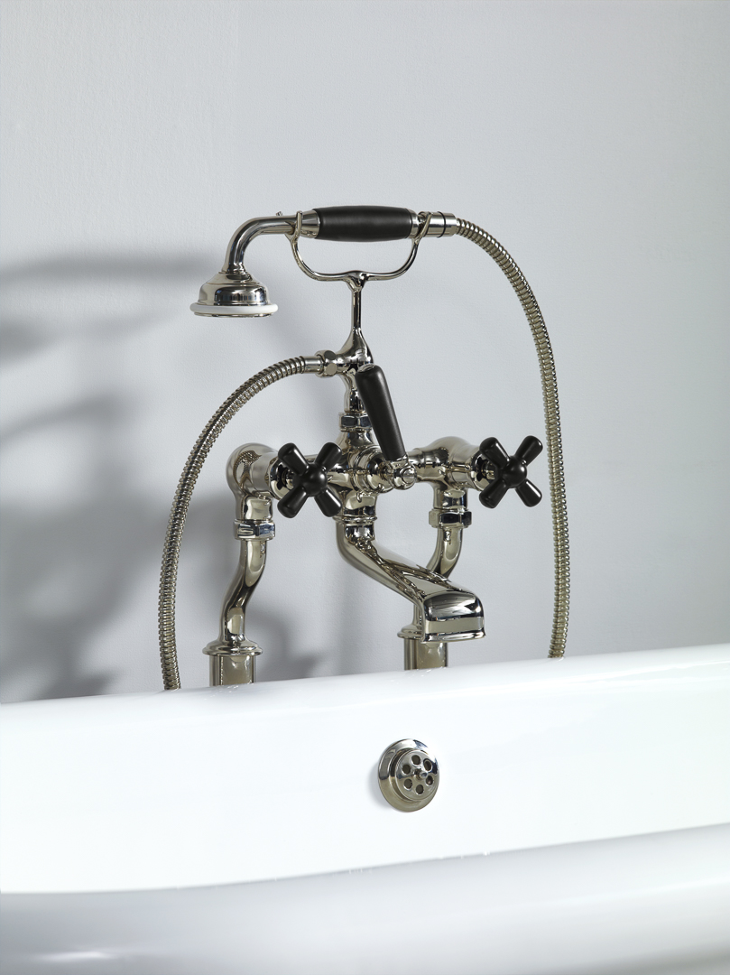 Rockwell bath filler on floorlegs with metal/coloured crosshead taps for Rockwell bath without feet