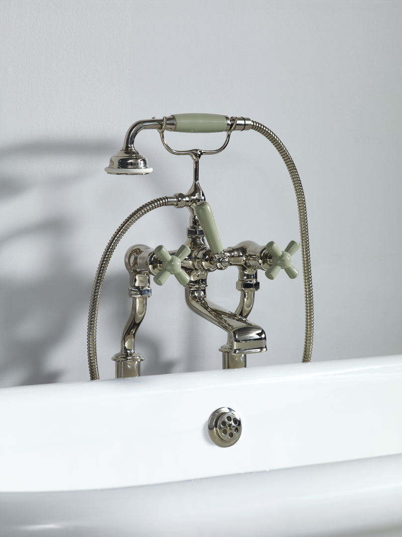 Rockwell bath filler on floorlegs with metal/coloured crosshead taps for Rockwell bath without feet