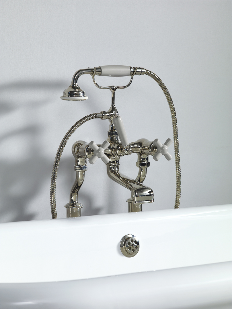 Rockwell bath filler on floorlegs with metal/coloured crosshead taps for Rockwell bath without feet
