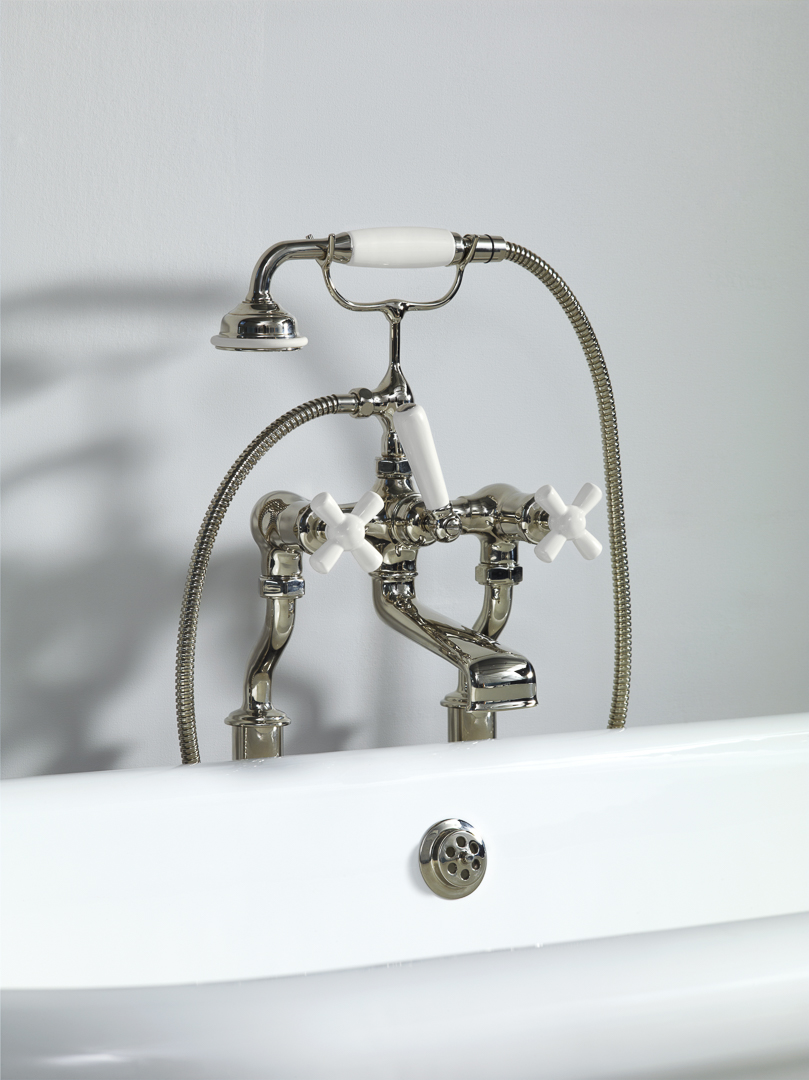 Rockwell bath filler on floorlegs with metal/coloured crosshead taps for Rockwell bath without feet