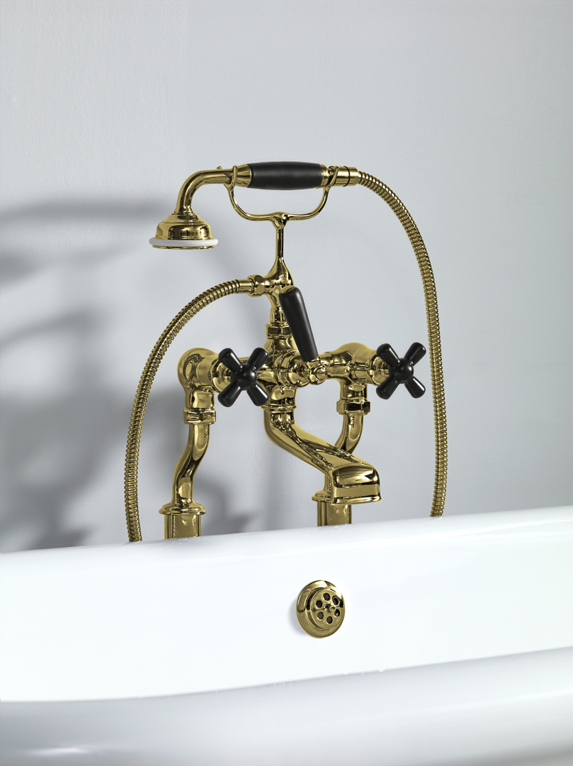 Rockwell bath filler on floorlegs with metal/coloured crosshead taps for Rockwell bath with feet