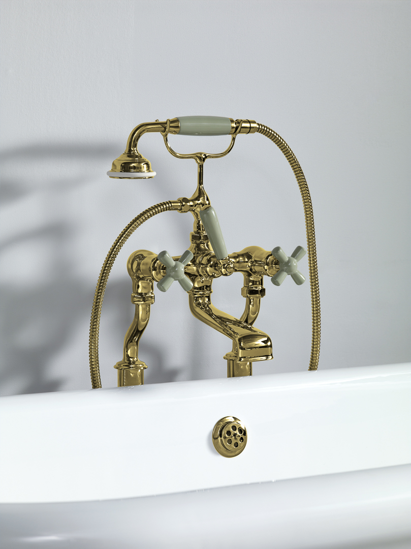 Rockwell bath filler on floorlegs with metal/coloured crosshead taps for Rockwell bath with feet