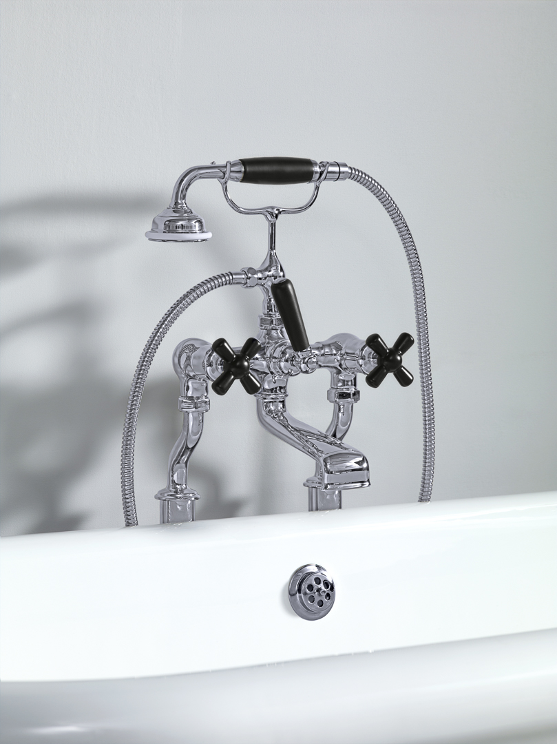 Rockwell bath filler on floorlegs with metal/coloured crosshead taps for Rockwell bath with feet