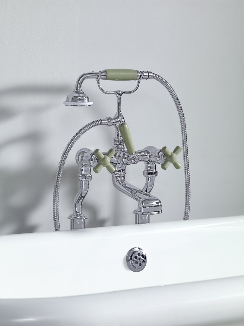 Rockwell bath filler on floorlegs with metal/coloured crosshead taps for Rockwell bath with feet