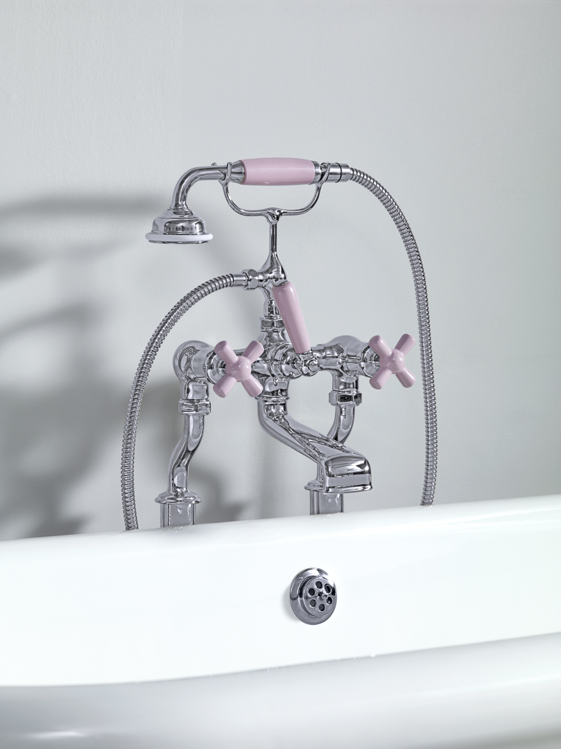 Rockwell bath filler on floorlegs with metal/coloured crosshead taps for Rockwell bath with feet