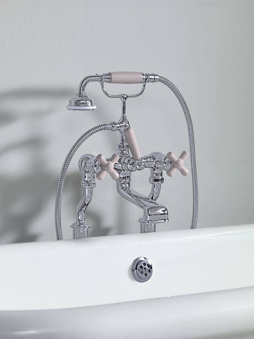 Rockwell bath filler on floorlegs with metal/coloured crosshead taps for Rockwell bath with feet