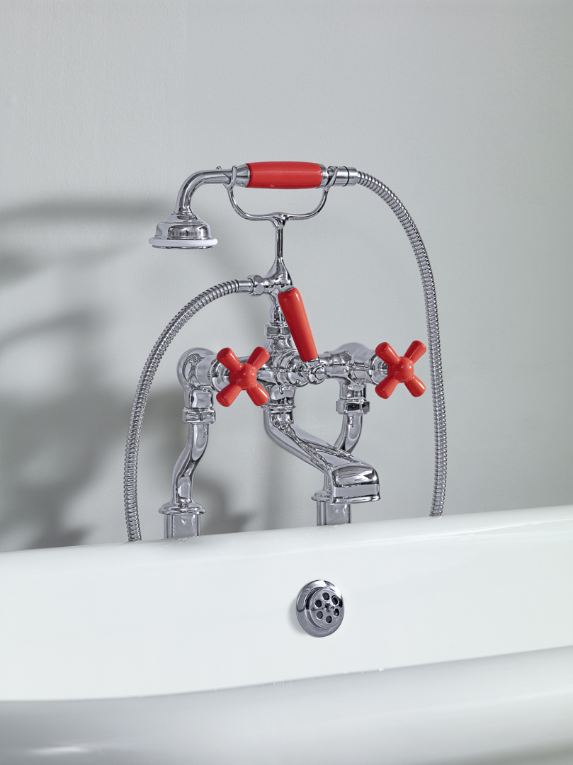 Rockwell bath filler on floorlegs with metal/coloured crosshead taps for Rockwell bath with feet