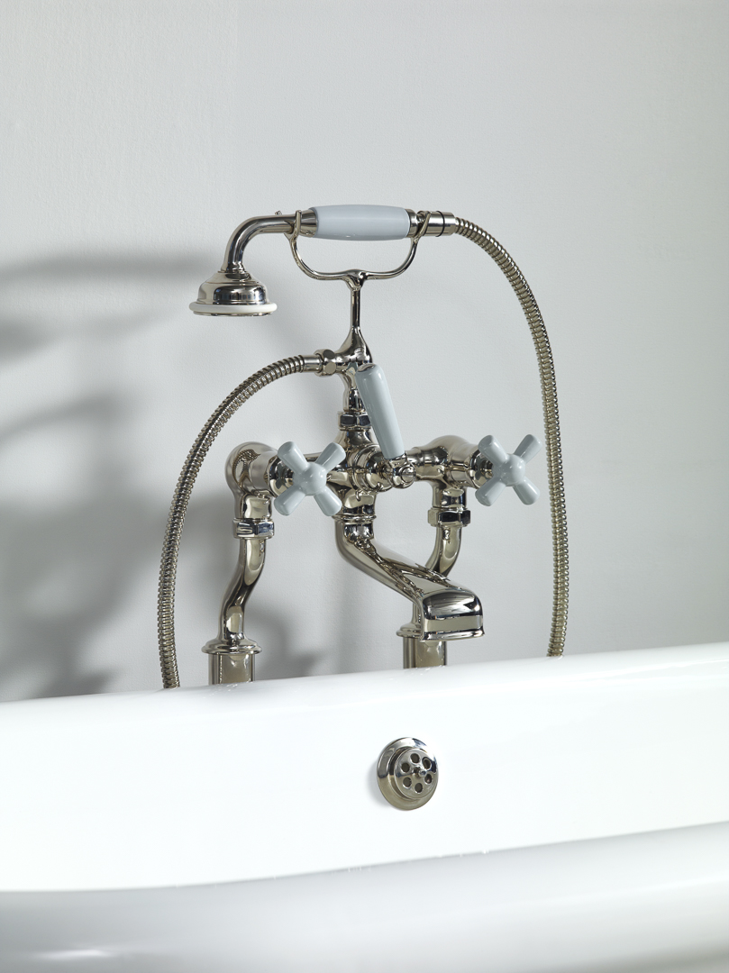 Rockwell bath filler on floorlegs with metal/coloured crosshead taps for Rockwell bath with feet