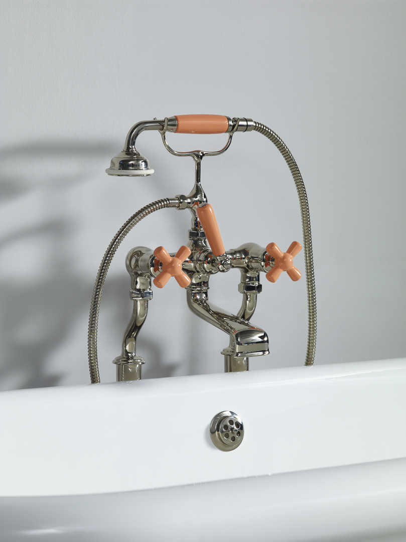 Rockwell bath filler on floorlegs with metal/coloured crosshead taps for Rockwell bath with feet