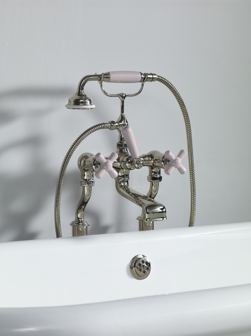 Rockwell bath filler on floorlegs with metal/coloured crosshead taps for Rockwell bath with feet
