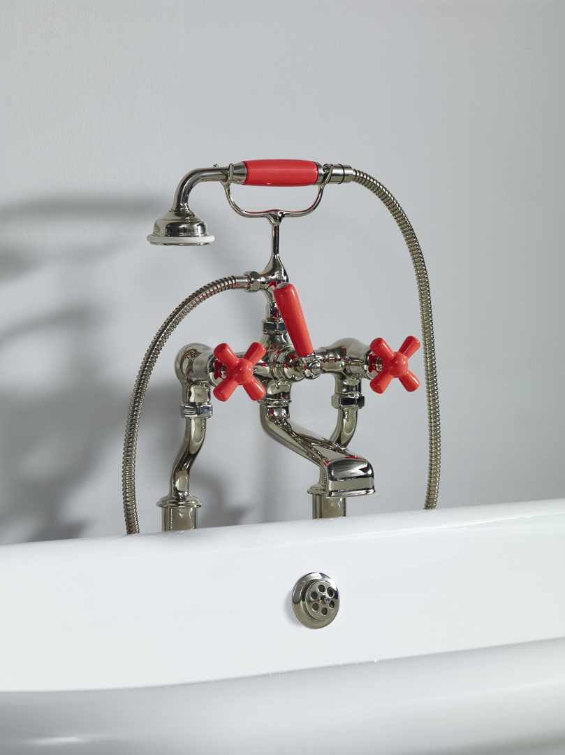 Rockwell bath filler on floorlegs with metal/coloured crosshead taps for Rockwell bath with feet