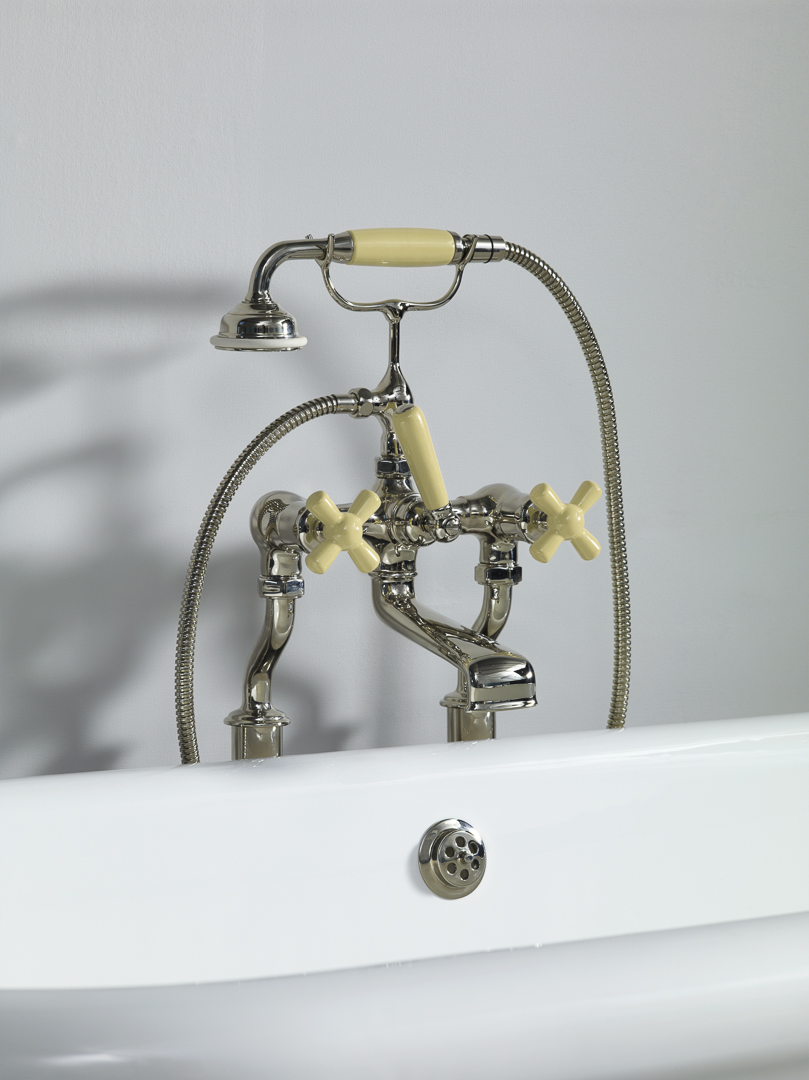 Rockwell bath filler on floorlegs with metal/coloured crosshead taps for Rockwell bath with feet