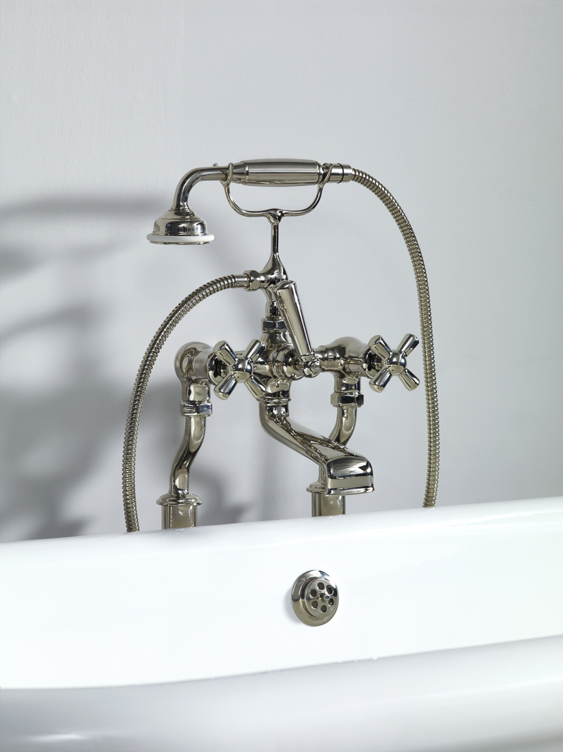 Rockwell bath filler on floorlegs with metal/coloured crosshead taps for Rockwell bath with feet