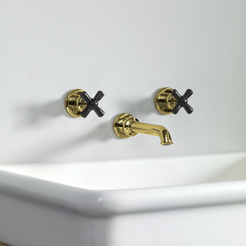 Rockwell wall-mounted basin mixer with 130mm tubular spout & metal/coloured crosshead taps