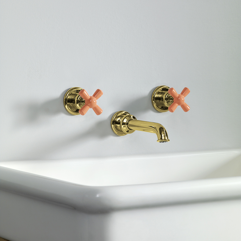 Rockwell wall-mounted basin mixer with 130mm tubular spout & metal/coloured crosshead taps