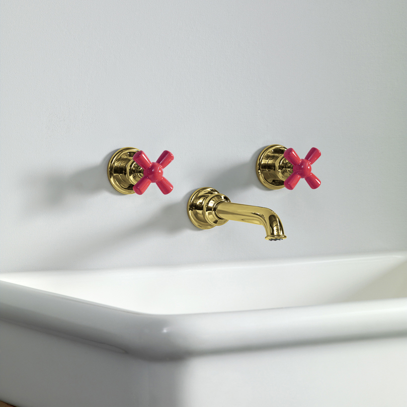 Rockwell wall-mounted basin mixer with 130mm tubular spout & metal/coloured crosshead taps