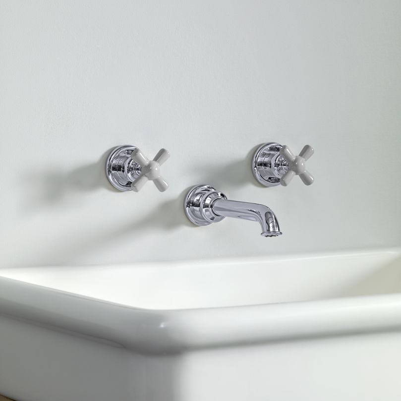 Rockwell wall-mounted basin mixer with 130mm tubular spout & metal/coloured crosshead taps