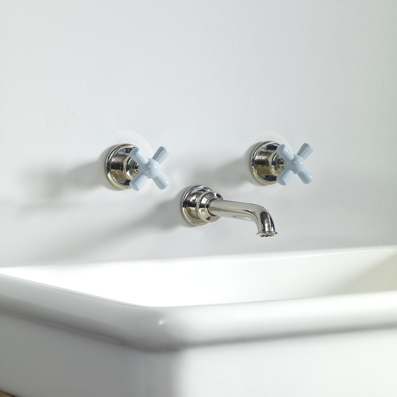 Rockwell wall-mounted basin mixer with 130mm tubular spout & metal/coloured crosshead taps