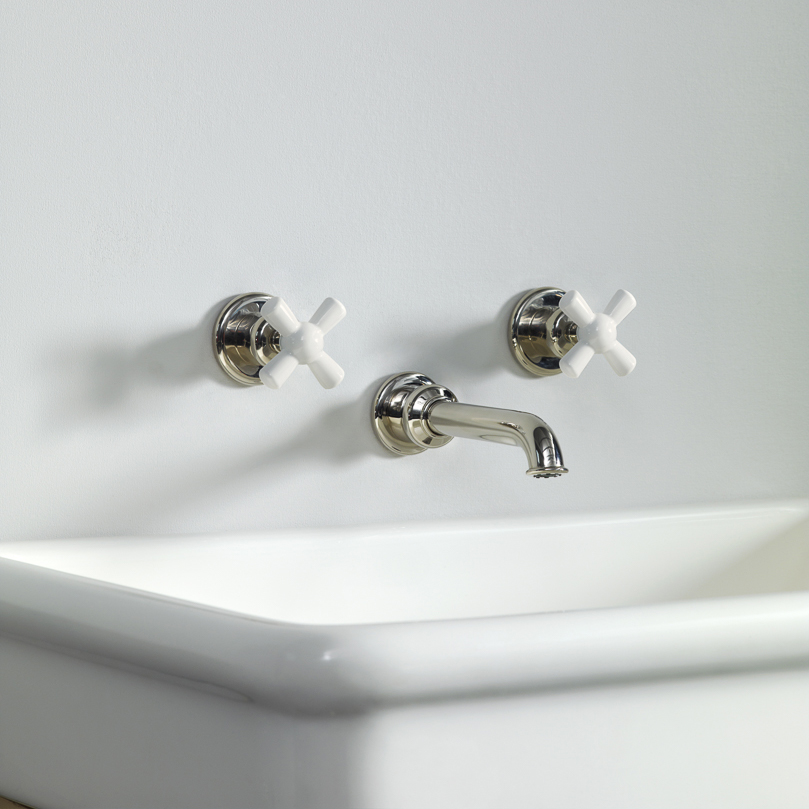 Rockwell wall-mounted basin mixer with 130mm tubular spout & metal/coloured crosshead taps