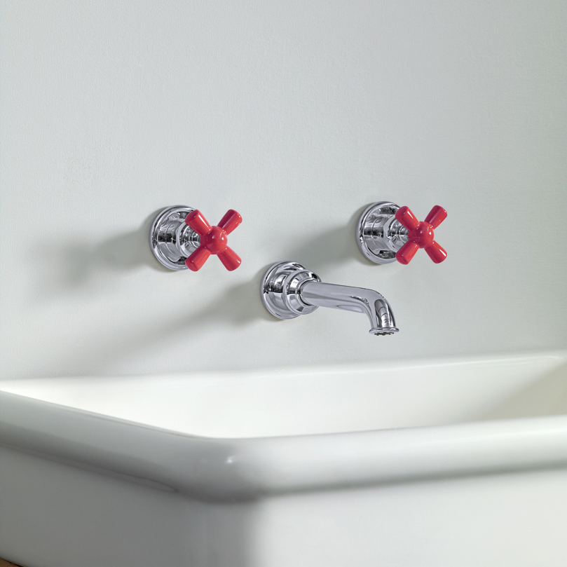 Rockwell wall-mounted basin mixer with 165mm tubular spout & metal/coloured crosshead taps