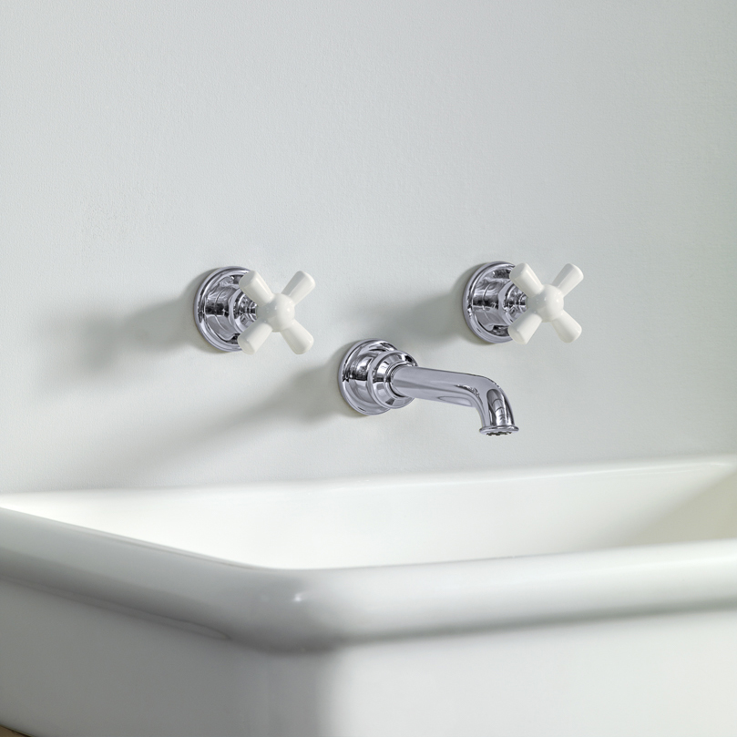 Rockwell wall-mounted basin mixer with 165mm tubular spout & metal/coloured crosshead taps