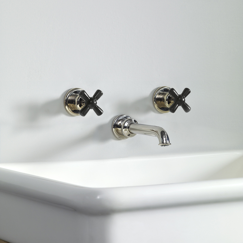 Rockwell wall-mounted basin mixer with 165mm tubular spout & metal/coloured crosshead taps