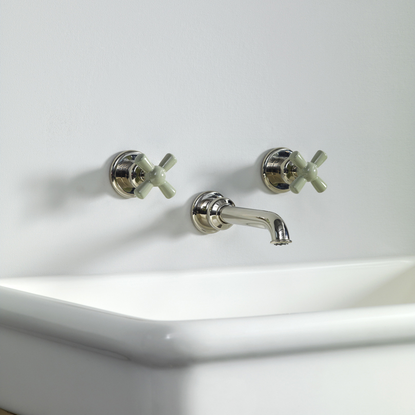 Rockwell wall-mounted basin mixer with 165mm tubular spout & metal/coloured crosshead taps