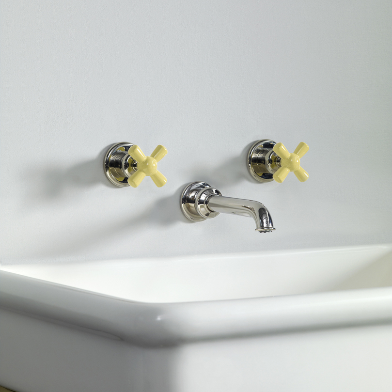 Rockwell wall-mounted basin mixer with 165mm tubular spout & metal/coloured crosshead taps