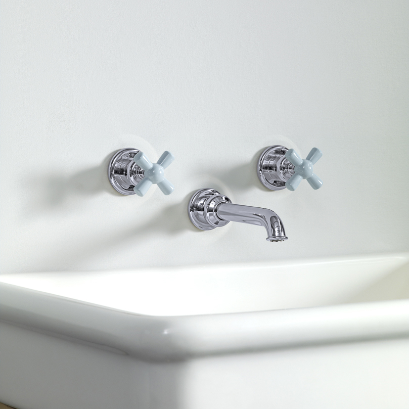 Rockwell wall-mounted basin mixer with 200mm tubular spout & metal/coloured crosshead taps