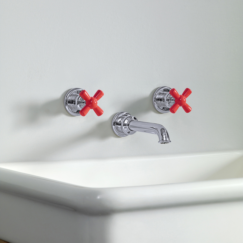 Rockwell wall-mounted basin mixer with 200mm tubular spout & metal/coloured crosshead taps