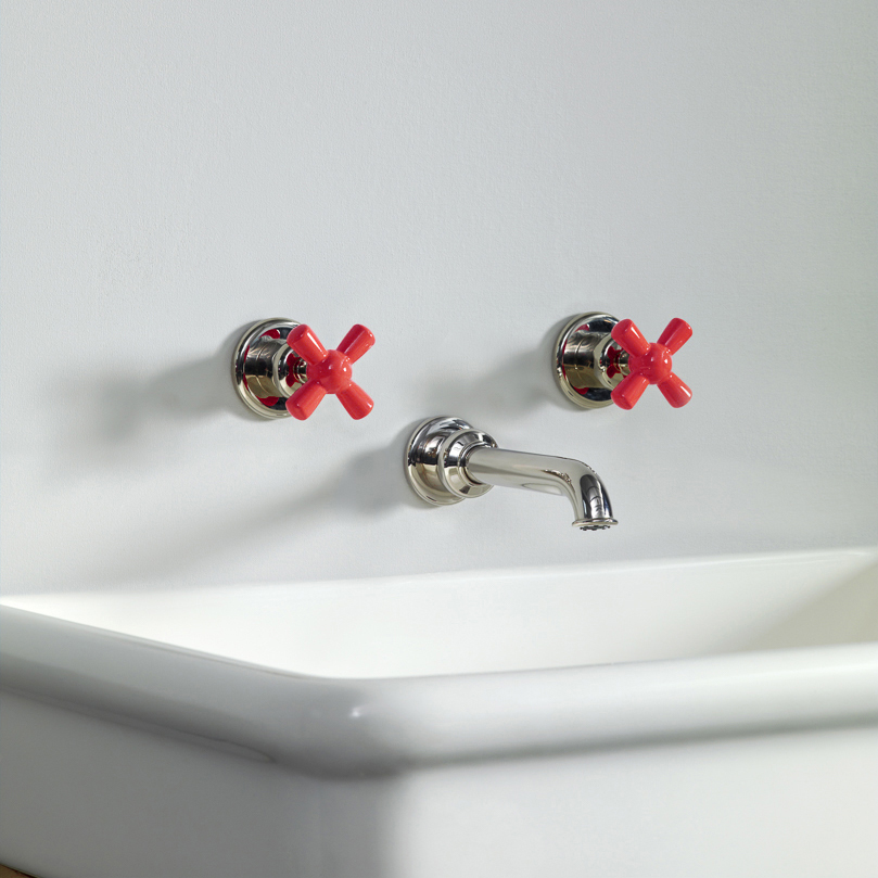 Rockwell wall-mounted basin mixer with 200mm tubular spout & metal/coloured crosshead taps