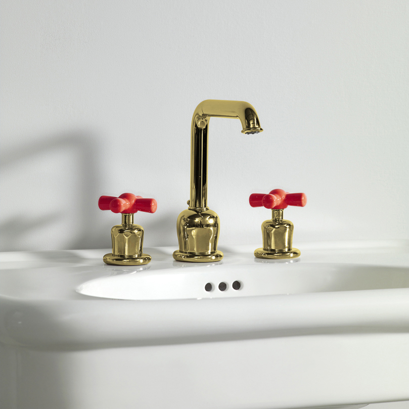 Rockwell 3 hole basin mixer with high spout & metal/coloured crosshead taps