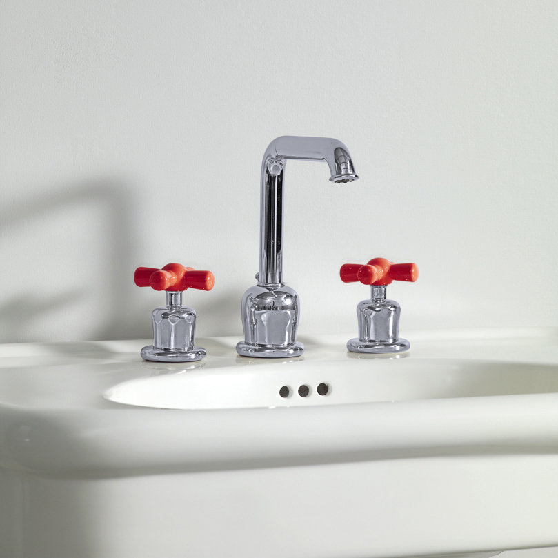 Rockwell 3 hole basin mixer with high spout & metal/coloured crosshead taps