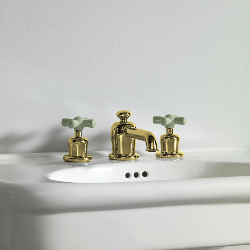 Rockwell 3 hole basin mixer with low spout & metal/coloured crosshead taps