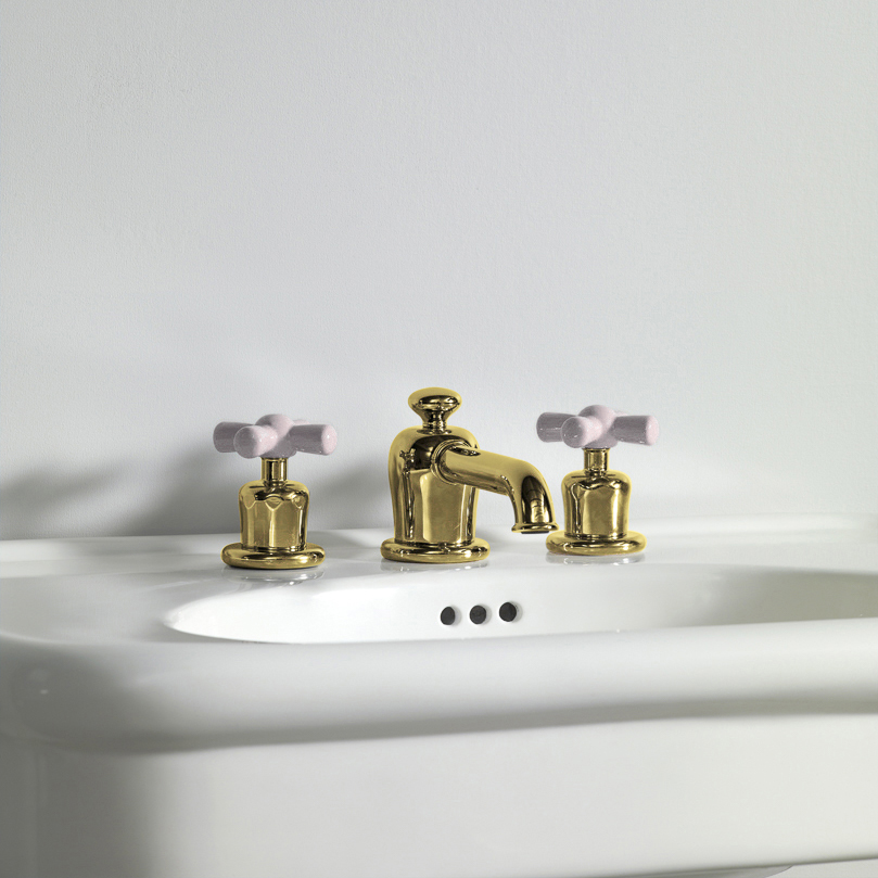 Rockwell 3 hole basin mixer with low spout & metal/coloured crosshead taps