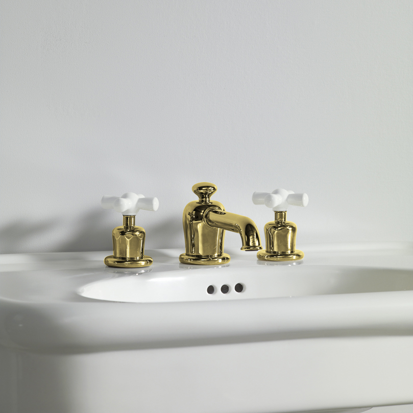 Rockwell 3 hole basin mixer with low spout & metal/coloured crosshead taps