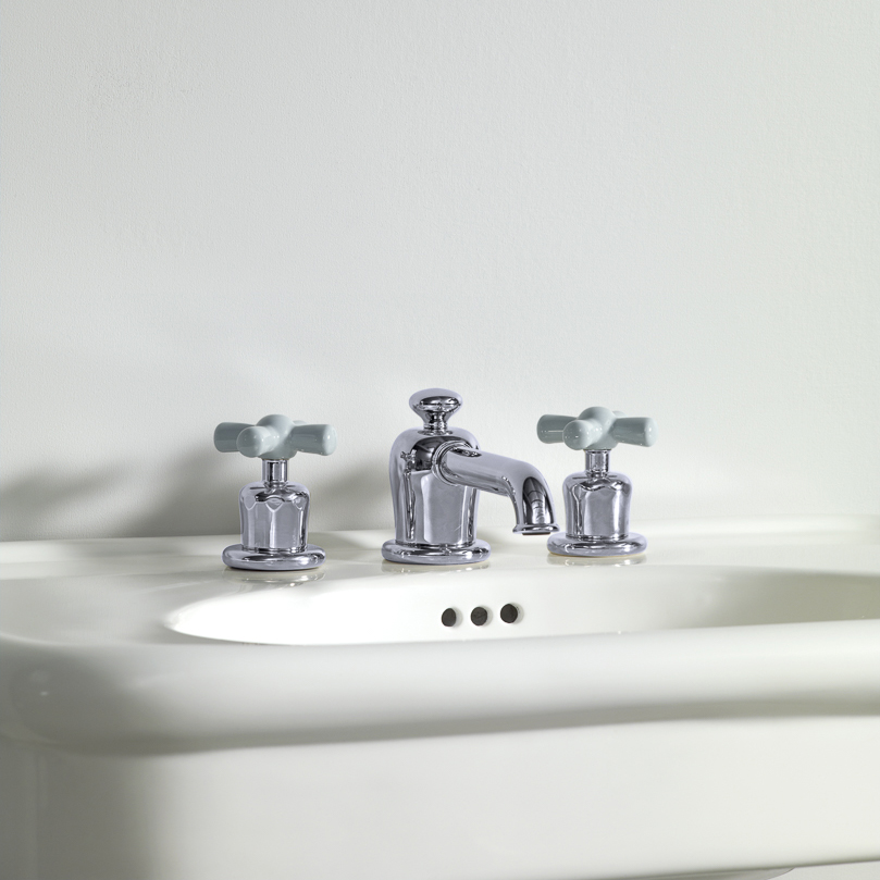 Rockwell 3 hole basin mixer with low spout & metal/coloured crosshead taps