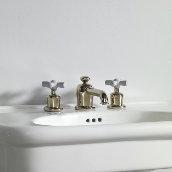 Rockwell 3 hole basin mixer with low spout & metal/coloured crosshead taps