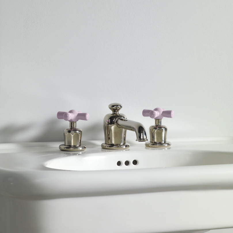 Rockwell 3 hole basin mixer with low spout & metal/coloured crosshead taps